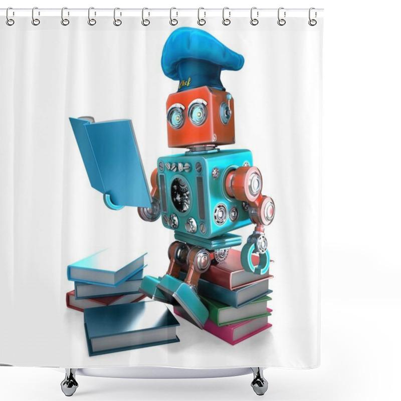 Personality  Robot Chef Reading Cookbook. 3D Illustration. Isolated. Contains Clipping Path Shower Curtains