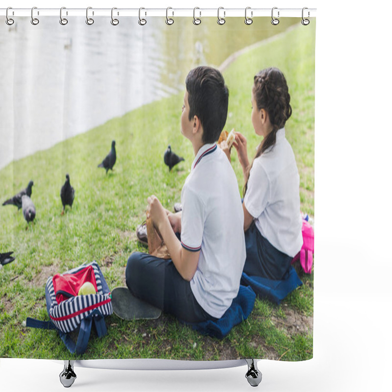 Personality  Adorable Schoolchildren Sitting On Grass And Feeding Birds Shower Curtains