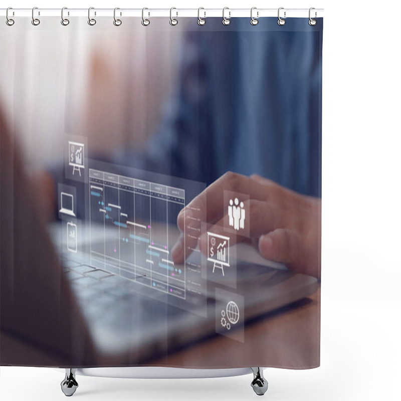 Personality  Project Management With Gantt Chart Icons, Project Manager Working On Computer And Gantt Planning Follow Important Events And Update Work Progress. Schedule. Shower Curtains