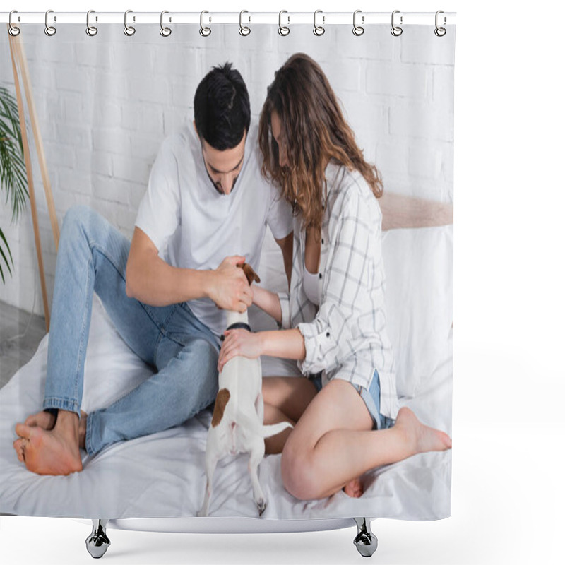 Personality  Interracial Couple Petting Jack Russell Terrier On Bed Shower Curtains