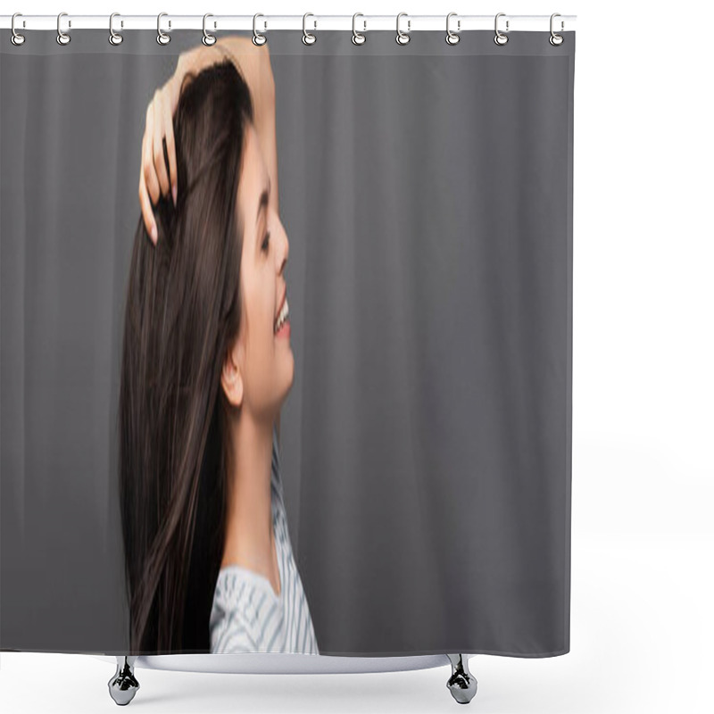 Personality  Side View Of Brunette Woman With Closed Eyes Smiling And Touching Hair Isolated On Black, Panoramic Shot Shower Curtains