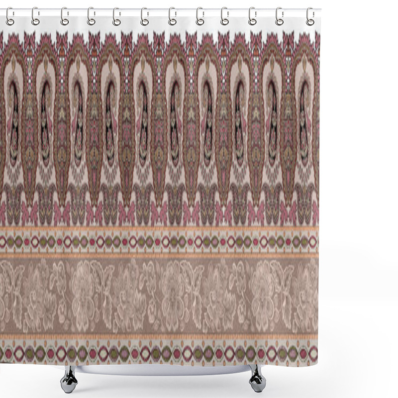 Personality  It's A Unique Digital Traditional Geometric Ethnic Border, Floral Leaves Baroque Pattern And Mughal Art Elements, Abstract Texture Motif, And Vintage Ornament Artwork Combination For Textile Printing. Shower Curtains