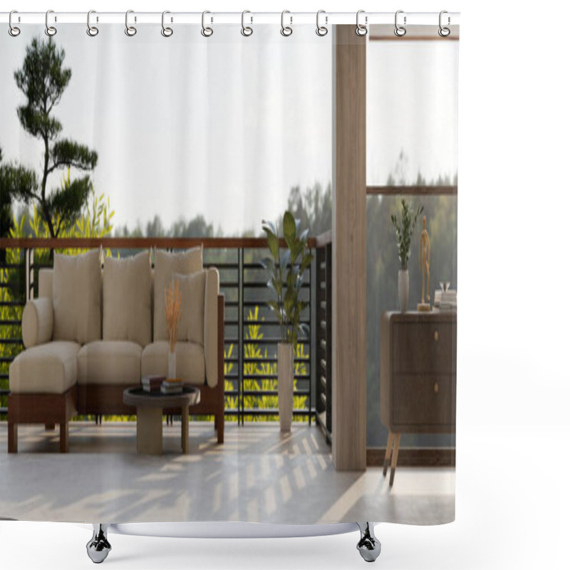 Personality  Interior Design Of A Modern, Contemporary Relaxation Area On A Balcony With A Comfortable Sofa And A Coffee Table Against A Railing And A Beautiful Nature View. 3d Render, 3d Illustration Shower Curtains