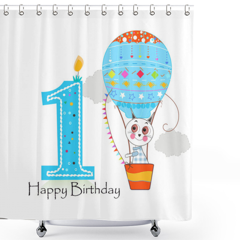 Personality  First Birthday With Hot Air Balloon And Cute Cats. Happy Birthday Greeting Card Shower Curtains