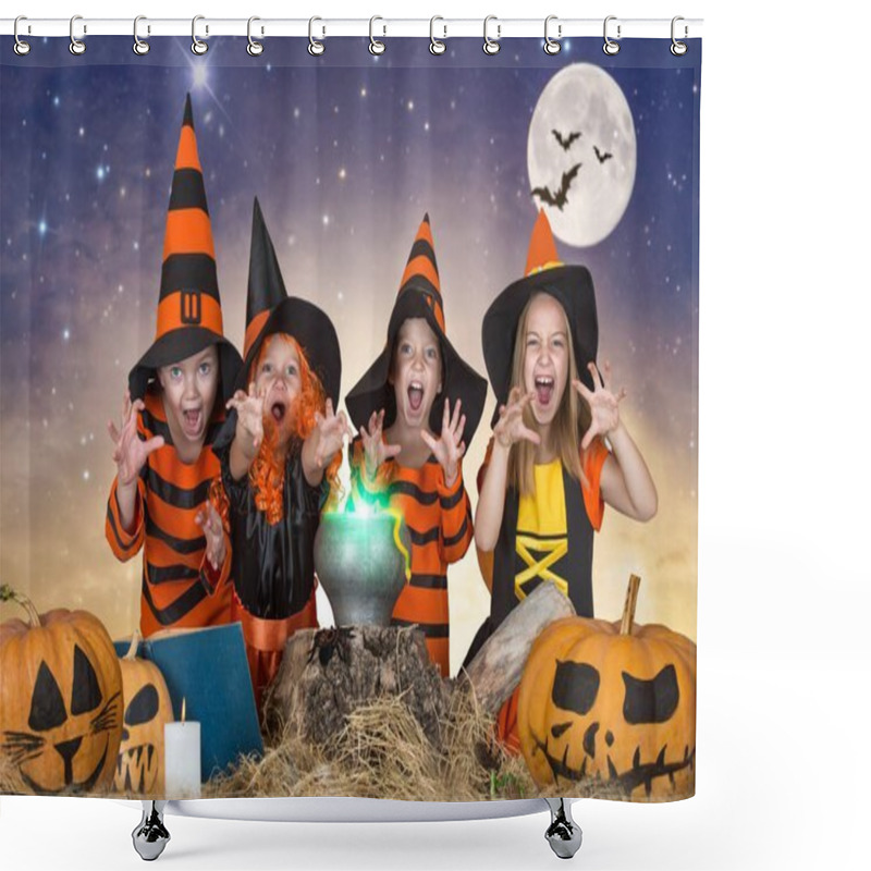 Personality  Halloween.The Children Of Witches And Wizards Cooking Potion In The Cauldron With Pumpkin And Spell Book. Shower Curtains