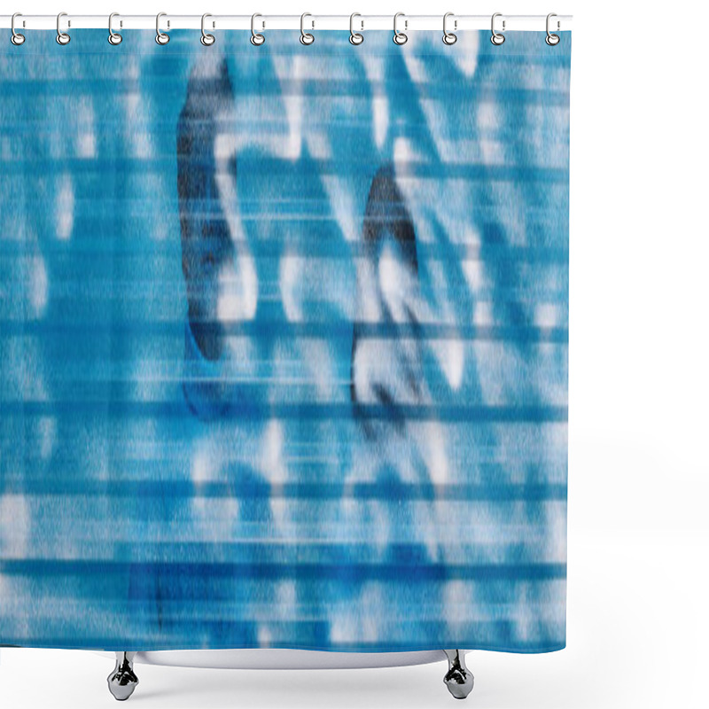 Personality  Couple In Warm Outfit Behind Blue Frozen Plastic Sheet In Studio, Winter Concept, Horizontal Banner Shower Curtains