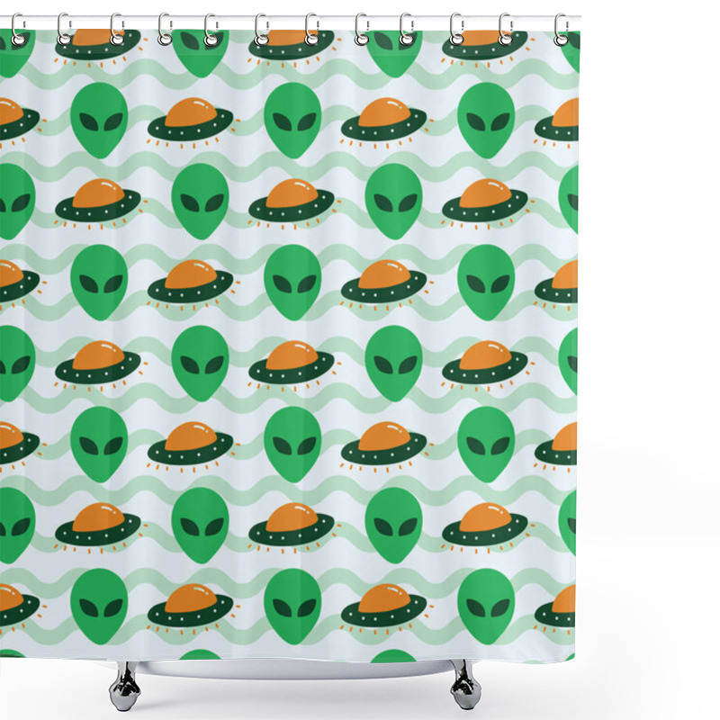 Personality  Alien Ufo Invasion Spaceship. A Playful, Modern, And Flexible Pattern For Brand Who Has Cute And Fun Style. Repeated Pattern. Happy, Bright, And Magical Mood. Shower Curtains