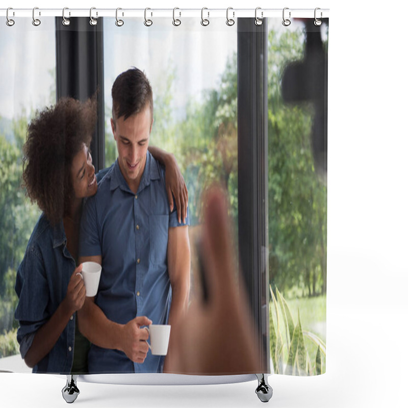 Personality  Romantic Happy Young Couple Relax At Modern Home Indoors Shower Curtains