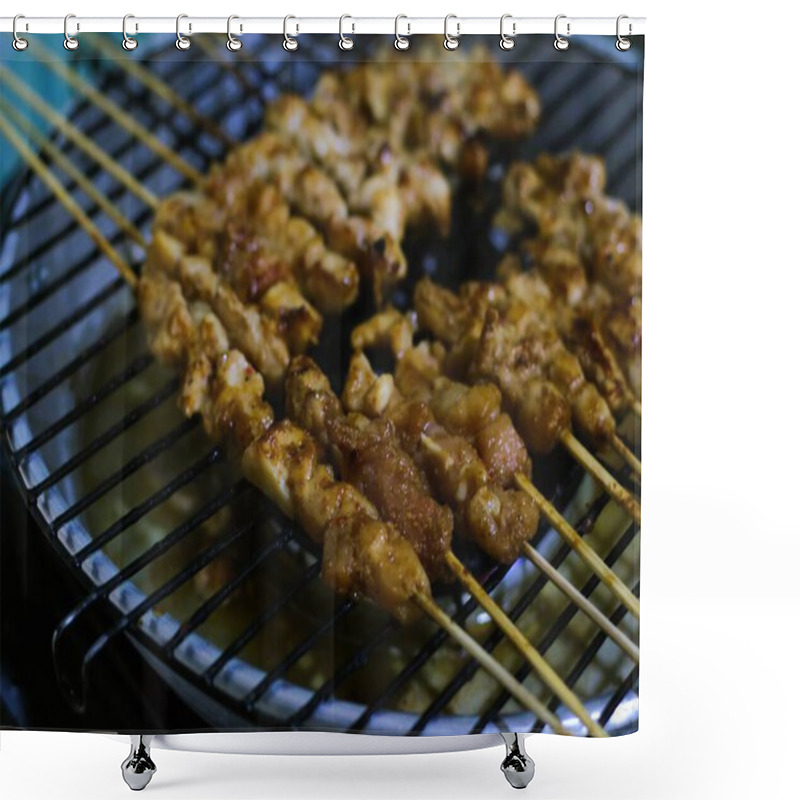 Personality  Sate Ayam, Grilled Chicken Satay, A Classic Indonesian Dish, Features Skewered Chicken Cooked Over Embers, Served With A Rich Peanut Sauce And A Side Of Fiery Sambal For A Truly Authentic Taste Of Indonesia.  Shower Curtains