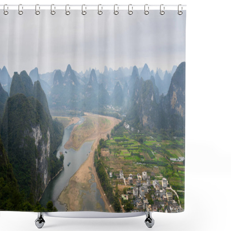 Personality  The View From Laozhai Shan In Yangshuo, Guangxi, China. The View Of Karst Mountains, Hills, The Village In One Of China's Most Popular Tourist Destinations. Shower Curtains