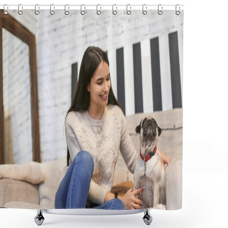 Personality  Young Woman With Cute Pet Cat Sitting At Table In Kitchen Shower Curtains