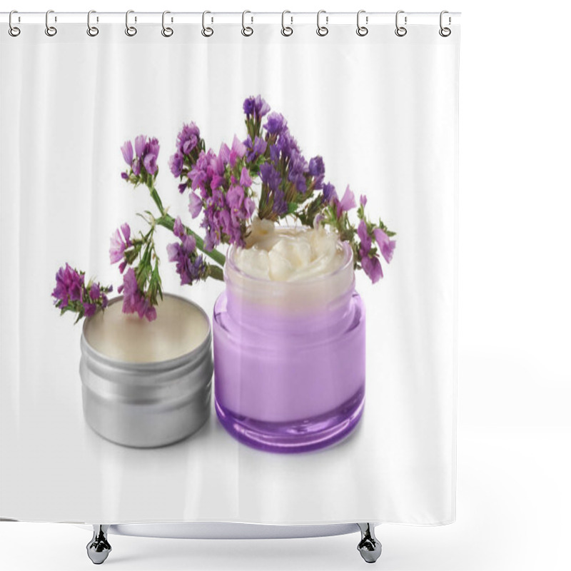 Personality  Jars With Body Cream And Flowers On White Background Shower Curtains