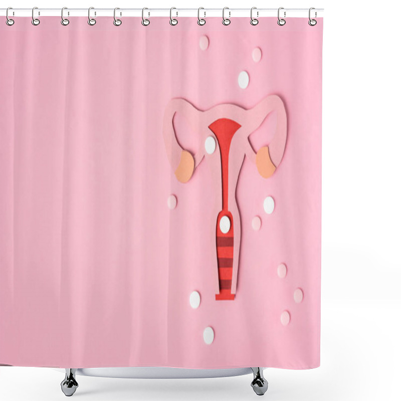 Personality  Top View Of Female Reproductive System And Pills On Pink Shower Curtains