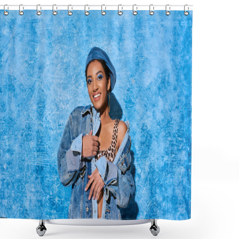 Personality  Fashionable And Smiling African American Woman With Bold Makeup And Beret Posing In Top With Animal Print And Denim Jacket On Blue Textured Background, Stylish Denim Attire Shower Curtains