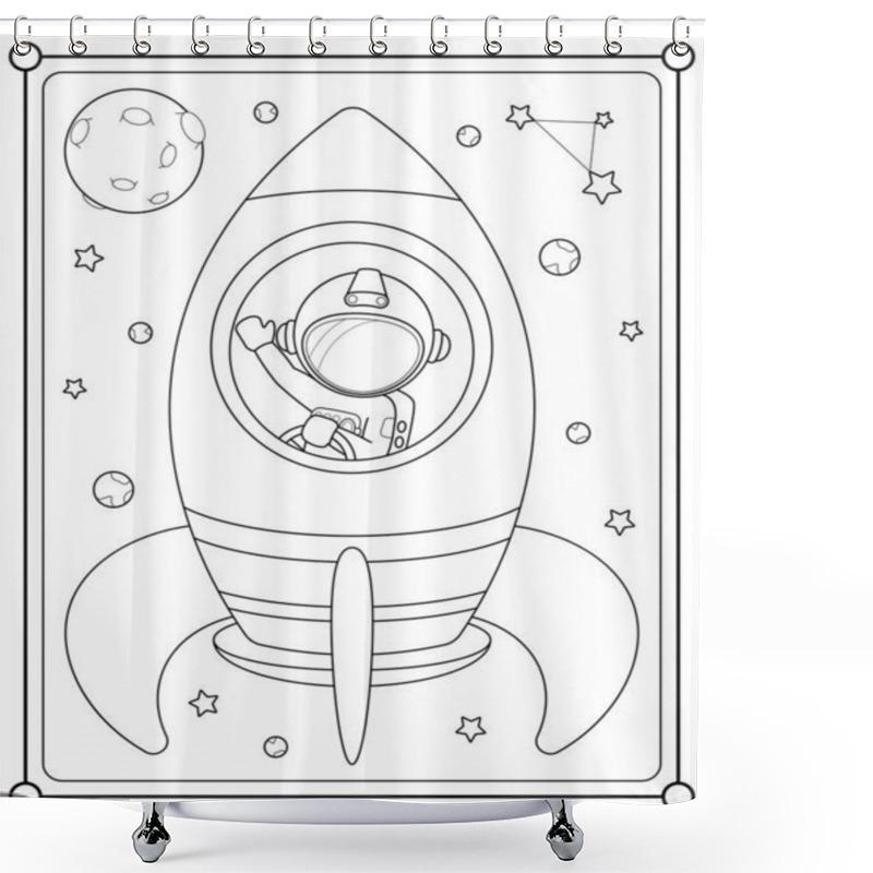 Personality  Cute Astronaut Flying On A Rocket Into Space Suitable For Children's Coloring Page Vector Illustration Shower Curtains