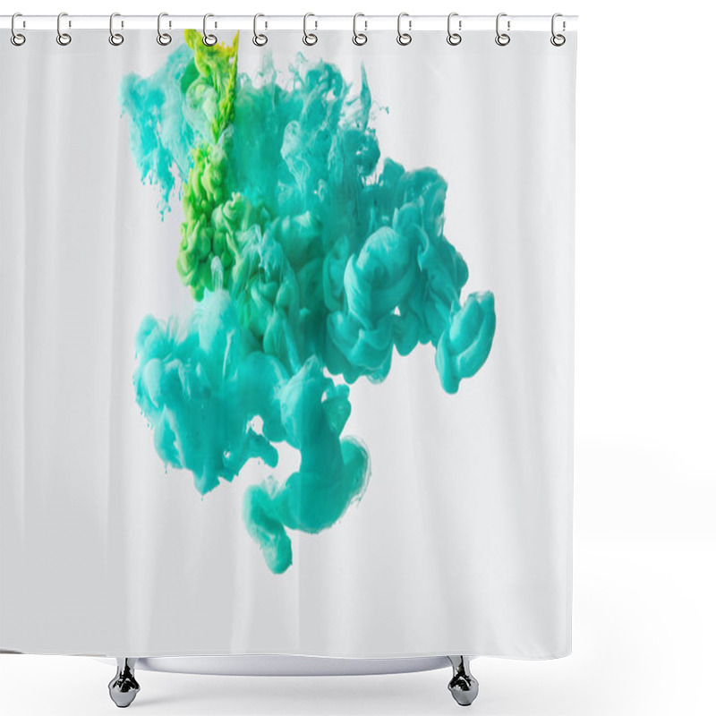 Personality  Close Up View Of Mixing Of Green And Bright Turquoise Paints Splashes In Water Isolated On Gray Shower Curtains