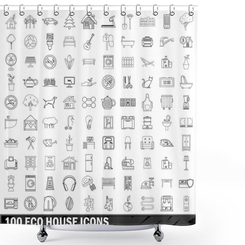 Personality  100 Eco House Icons Set, Outline Style Shower Curtains