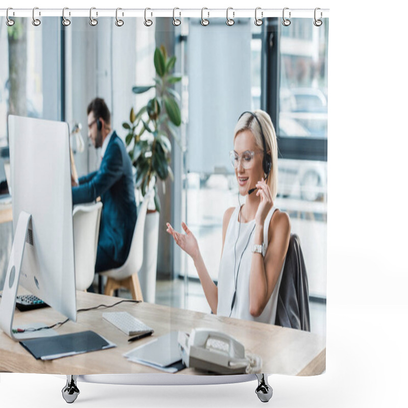 Personality  Selective Focus Of Cheerful Blonde Woman In Headset Gesturing While Talking Near Coworker  Shower Curtains