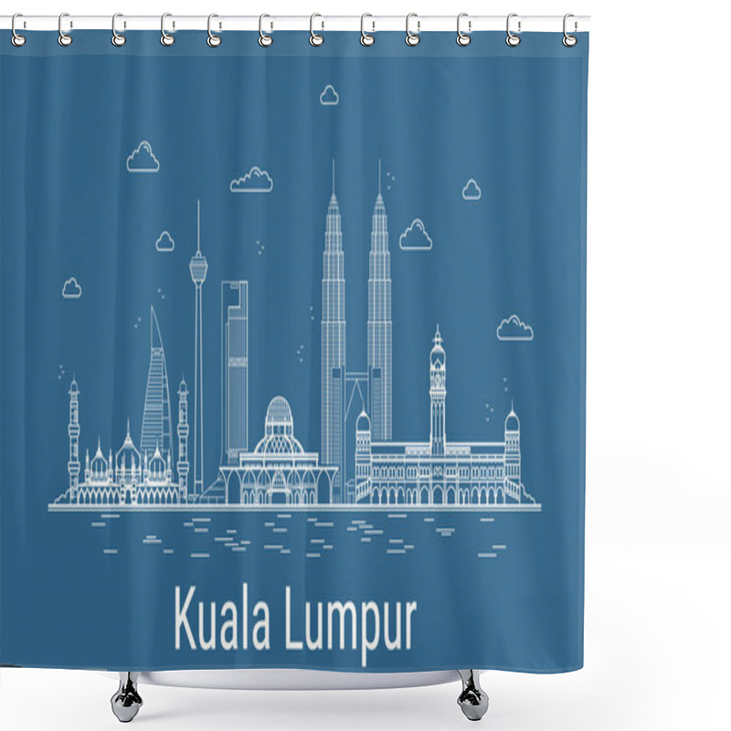 Personality  Kuala Lumpur City, Line Art Vector Illustration With All Famous Towers. Linear Banner With Showplace, Skyscrapers And Hotels. Composition Of Modern Buildings, Cityscape. Kuala Lumpur Buildings Set. Shower Curtains