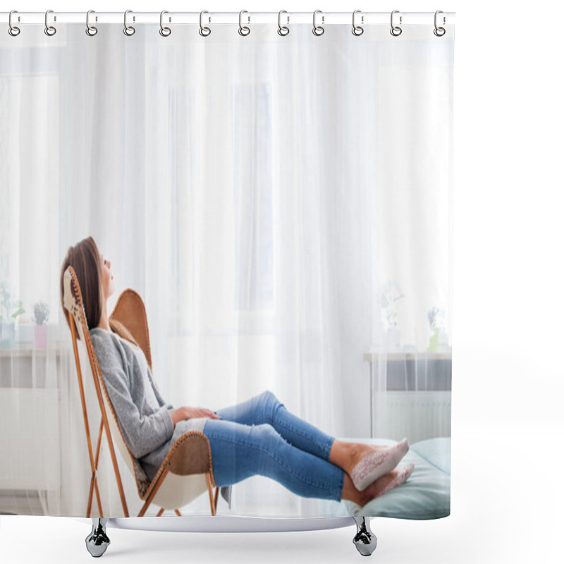 Personality  Woman At Home Sitting On Modern Chair Near Window Relaxing In Living Room Shower Curtains