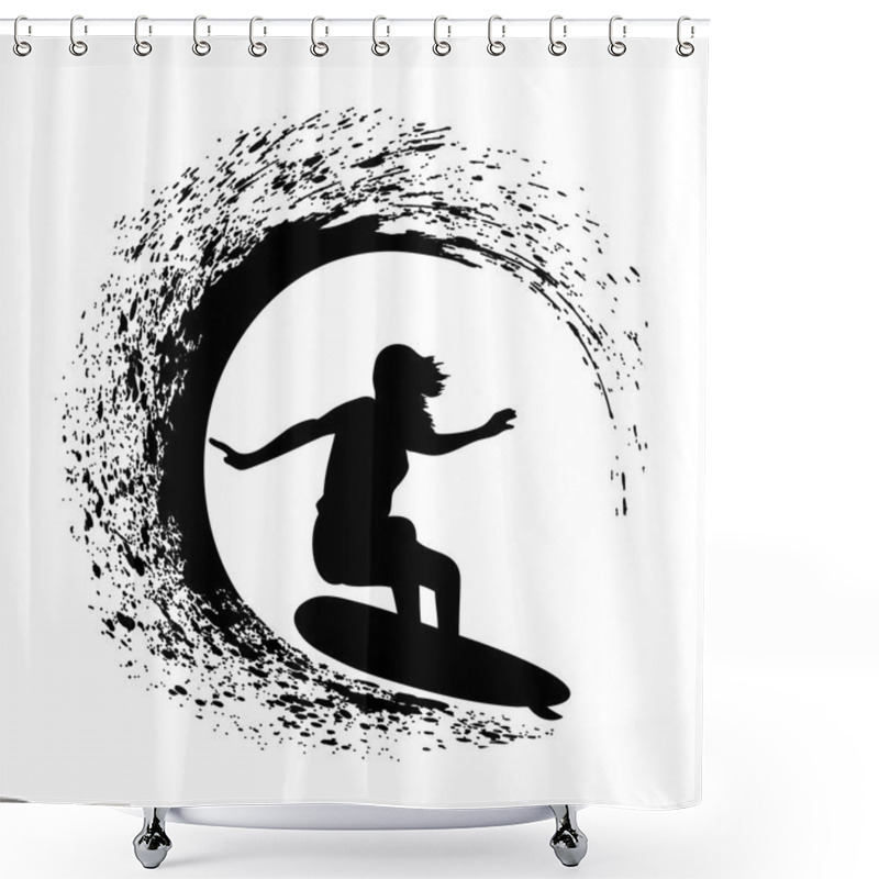 Personality  Silhouette Of The Surfer On An Ocean Wave In Style Grunge Shower Curtains