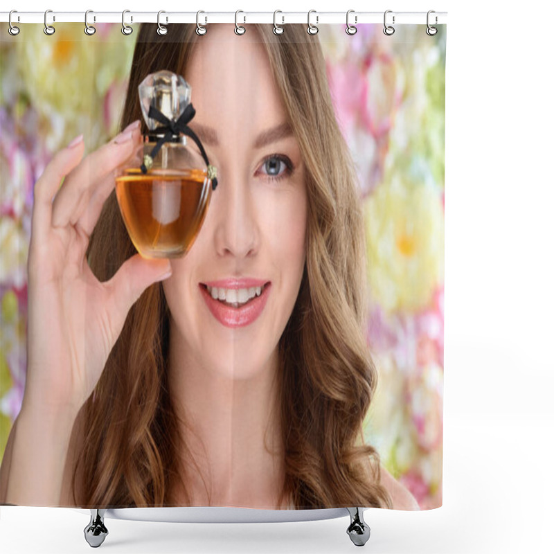 Personality  Close-up Portrait Of Smiling Young Woman Covering One Eye With Bottle Of Perfume Shower Curtains