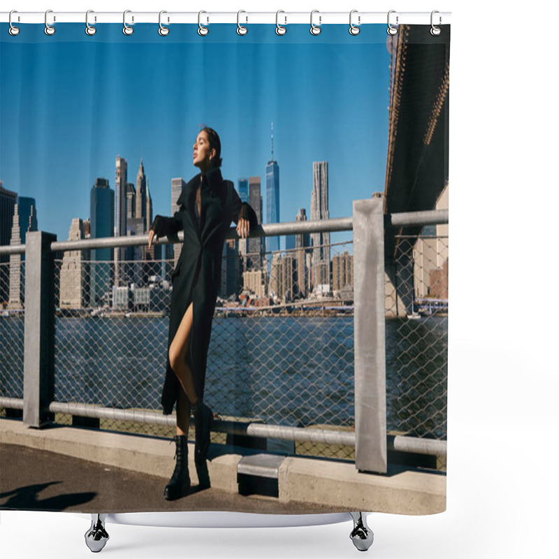 Personality  A Young Woman Dances On A New York City Street, Her Coat Billowing In The Wind. Shower Curtains