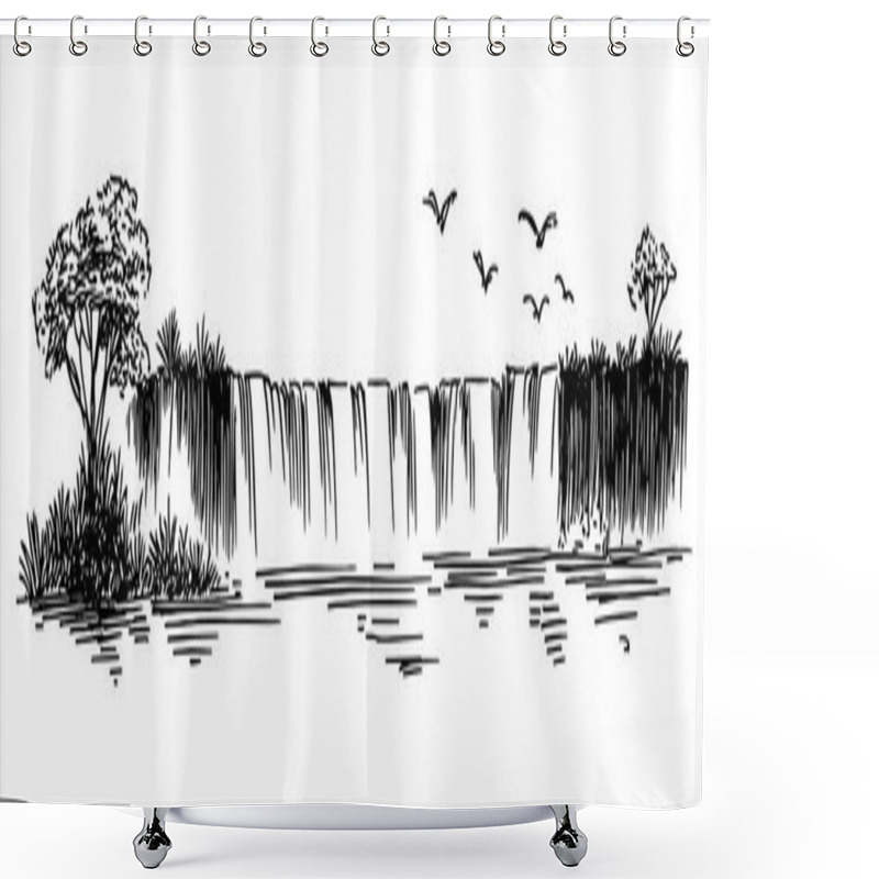 Personality  Majestic Waterfall With Trees And Birds Vector Doodle Black Sketch Illustration Shower Curtains