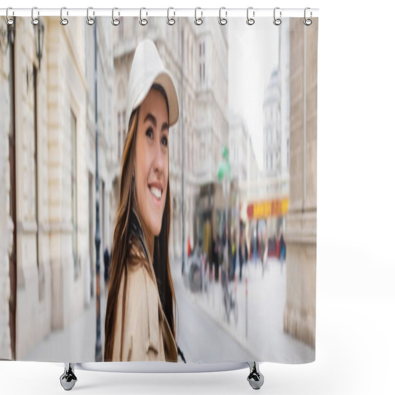 Personality  Cheerful Woman In Trench Coat And Baseball Cap On Street Of In European City, Banner Shower Curtains