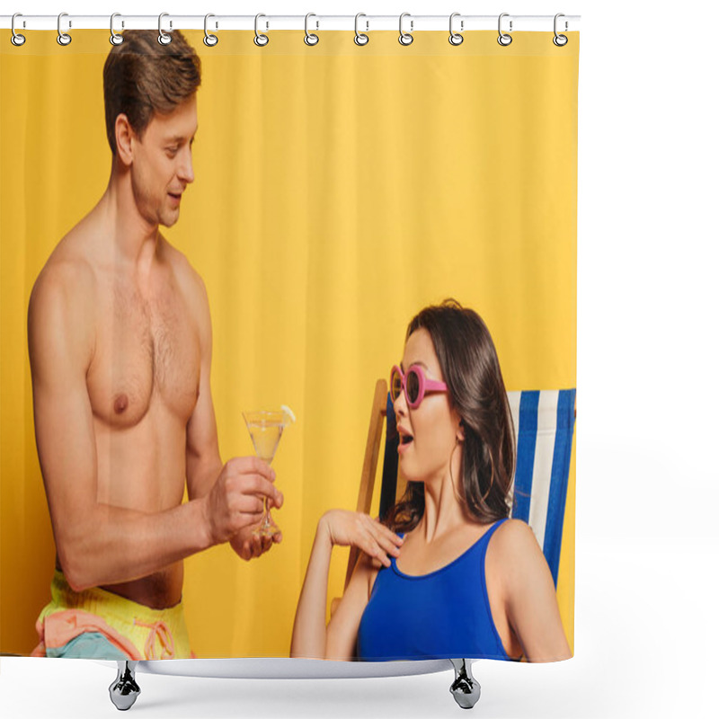 Personality  Handsome Shirtless Man Proposing Glass Of Cocktail To Surprised Woman Sitting In Deck Chair On Yellow Background Shower Curtains