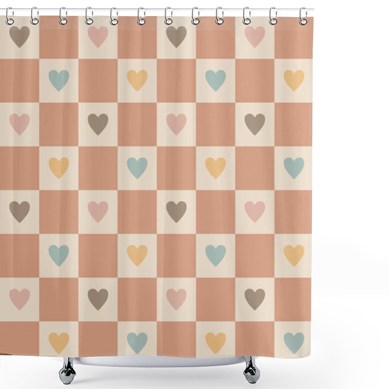 Personality  Vintage Beige Muted Boho Dark Samon Pink Checkerboard With Warm Yellow, Soft Blue, Pastel Pink And Earth Tone Brown Geometric Hearts.For Happy Welcome Baby Patchwork, Nuseries, Boho Home Shower Curtains