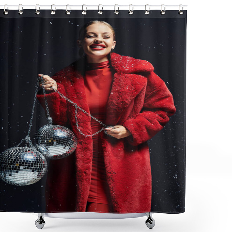 Personality  A Young Woman In A Bright Red Coat Beams Happily While Holding Disco Balls. Shower Curtains