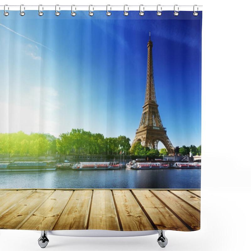 Personality  Background With Wooden Deck Table And Eiffel Tower In Paris Shower Curtains