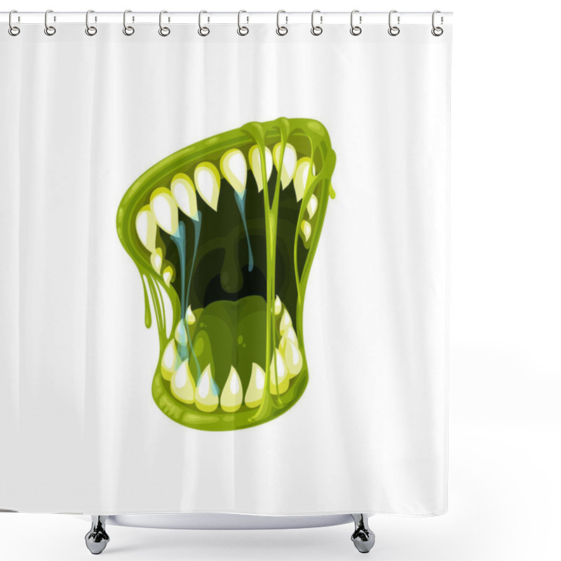 Personality  Monster Mouth Vector Icon, Creepy Zombie Or Alien Jaws With Sharp Teeth, Green Tongue, Lips And Dripping Gooey Saliva Or Goo. Halloween Creature Roaring Mouth Isolated On White Background Shower Curtains