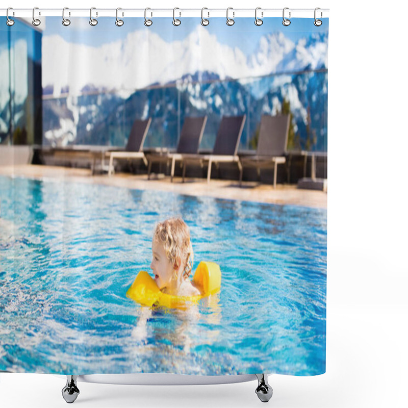 Personality  Child In Outdoor Swimming Pool Of Alpine Resort Shower Curtains