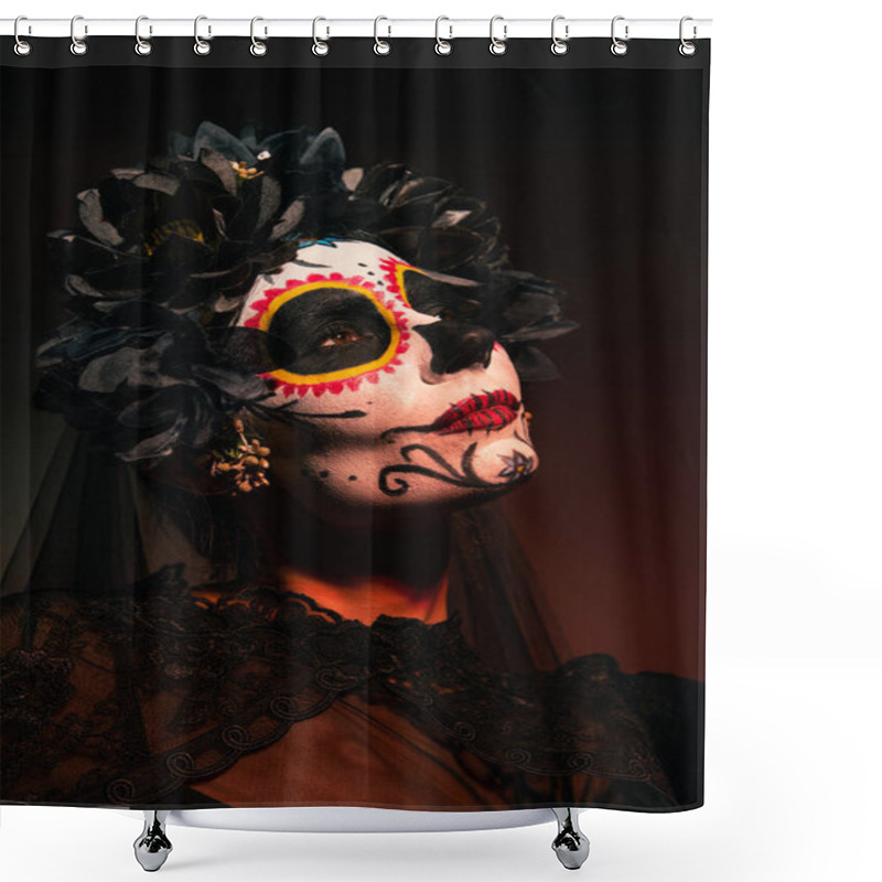 Personality  Portrait Of Woman In Mexican Day Of Dead Costume Standing On Burgundy Background  Shower Curtains