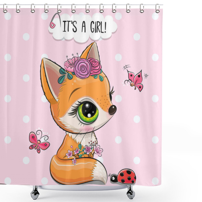 Personality  Baby Shower Card Cute Woodland Fox With Flowers And Butterflies On A Pink Background Shower Curtains