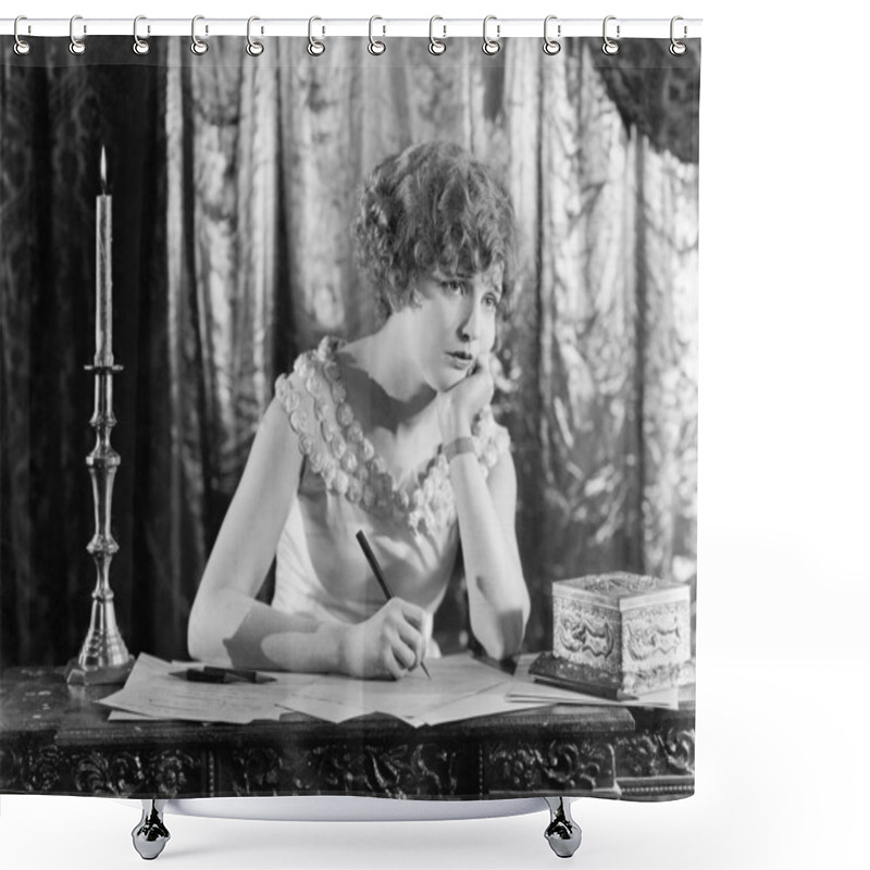 Personality  Young Woman Sitting At A Desk With A Pen In Hand, Looking Sad While Writing A Letter Shower Curtains