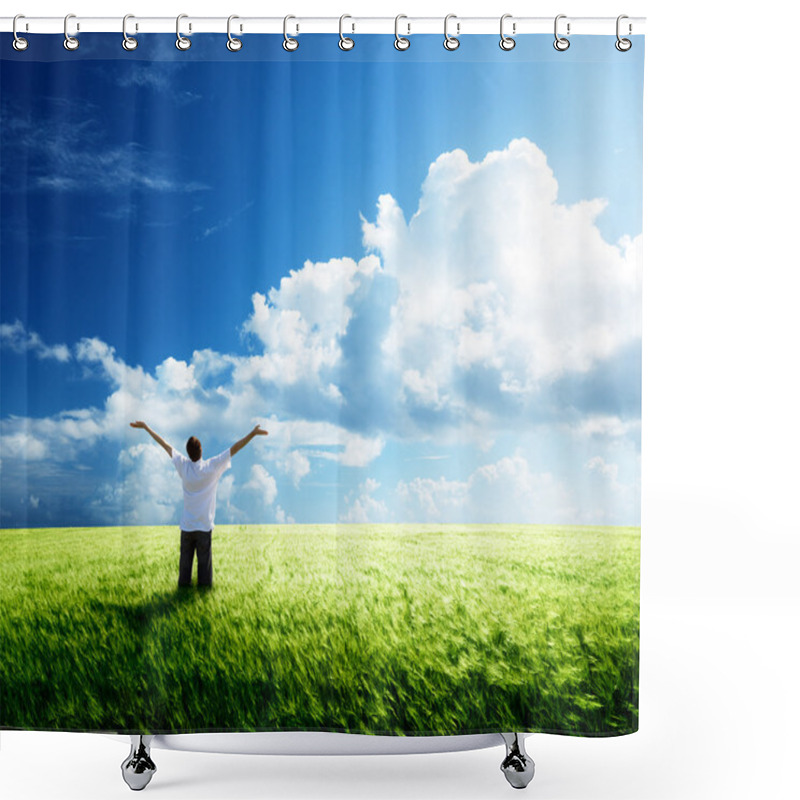 Personality  Happy Young Man Rest On Wheat Field Shower Curtains