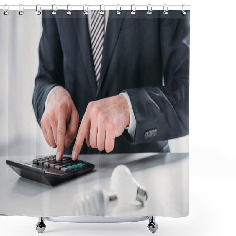 Personality  Cropped View Of Businessman In Suit Using Calculator Near Fluorescent Lamps On White Background, Energy Efficiency Concept Shower Curtains