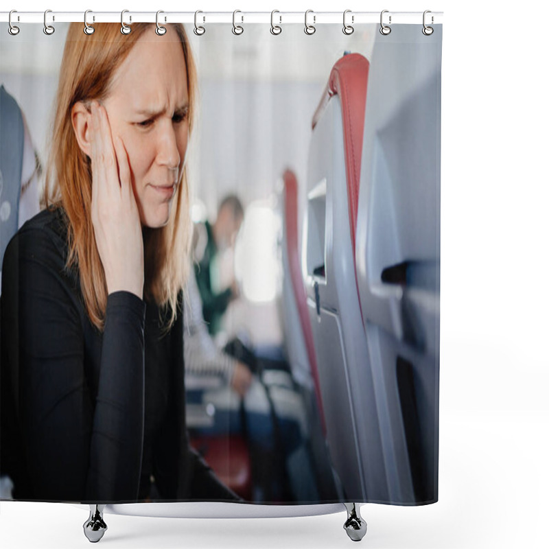 Personality  A Woman On An Airplane Has A Headache And An Earache While Flying On An Airplane Shower Curtains