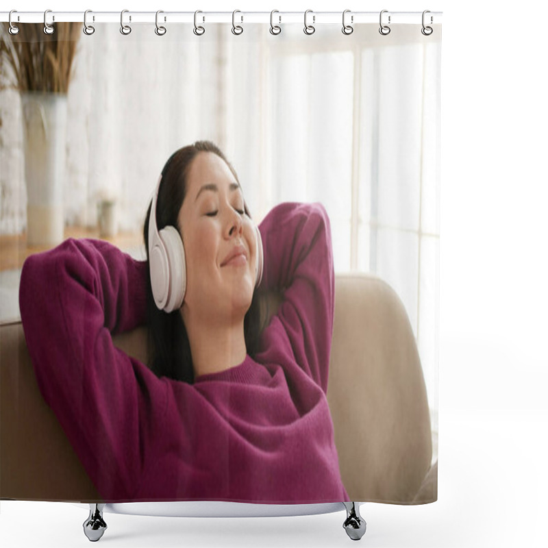 Personality  Young Asian Woman Relaxing On Comfortable Sofa With Eyes Closed Wearing Headphones. Pretty Mixed Race Lady Enjoys Listening Chill Music Audio Sound Meditating Feeling No Stress At Home. Shower Curtains