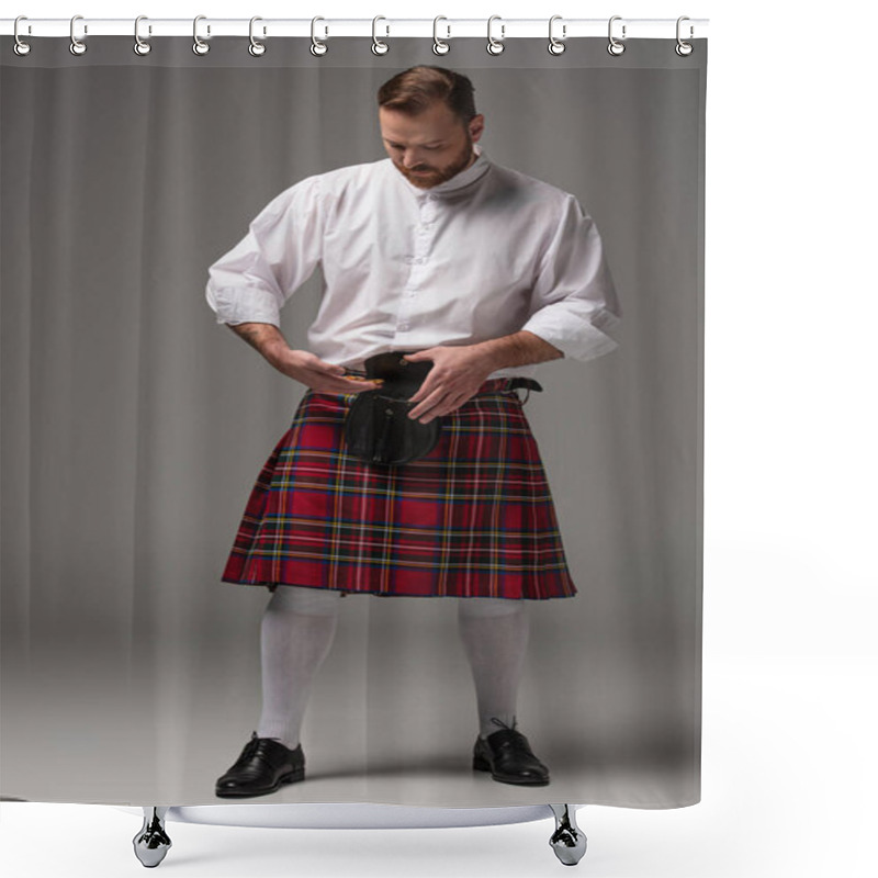 Personality  Scottish Redhead Man In Red Kilt Putting Gold Coins In Belt Bag On Grey Background Shower Curtains