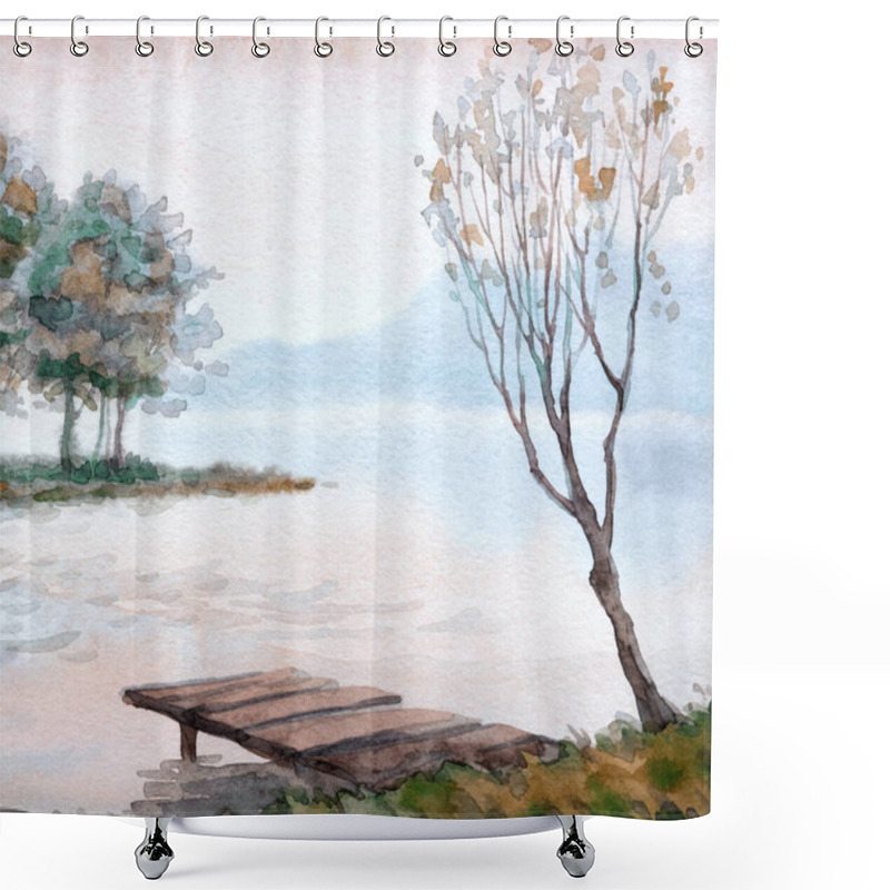 Personality  Handmade Bright Pink Watercolour Paint Sketch Haze View Scene On Paper Backdrop Card Text Space. Hand Drawn Light Color Cloudy Heaven. Calm Wild Mist Fall Valley Park Creek Berth Artwork Scenic View Shower Curtains