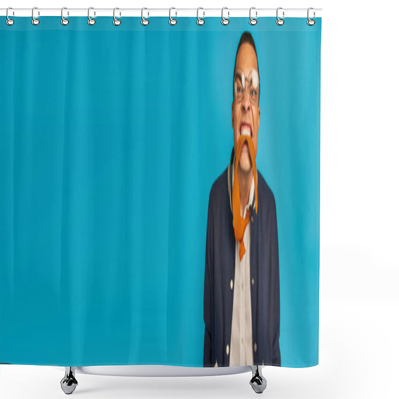 Personality  Trendy African American Student In Stylish Clothes Biting Tie While Having Fun On Blue, Banner Shower Curtains