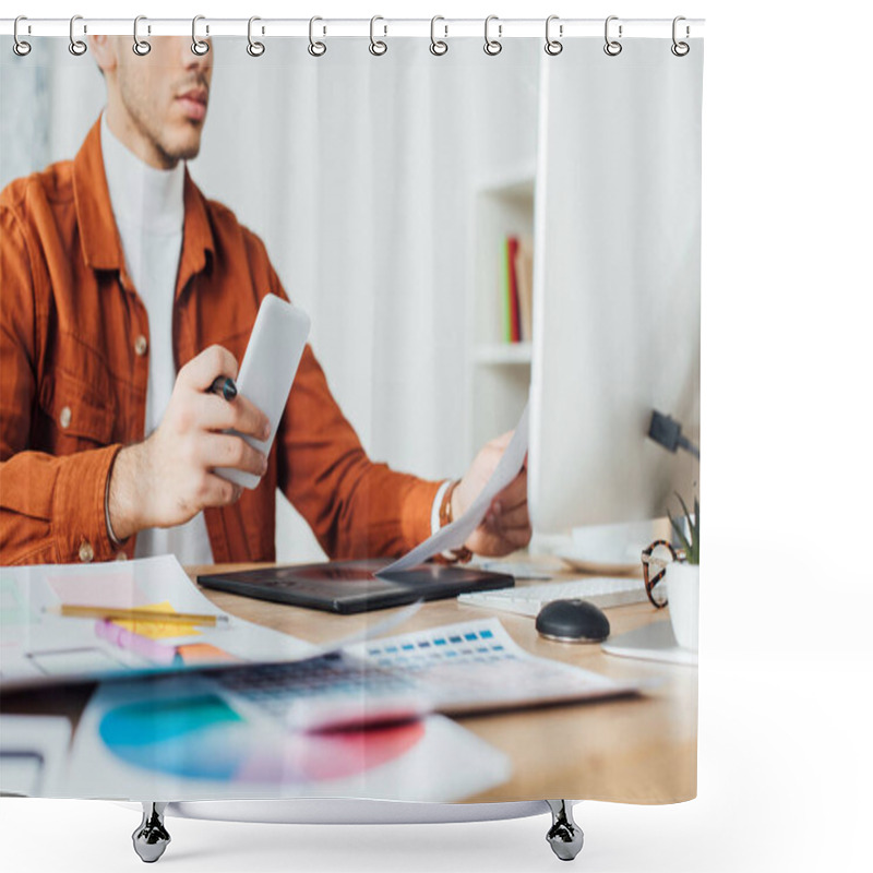 Personality  Cropped View Of Ux Designer Holding Smartphone While Working With Website Sketches And Color Palette At Table In Office  Shower Curtains