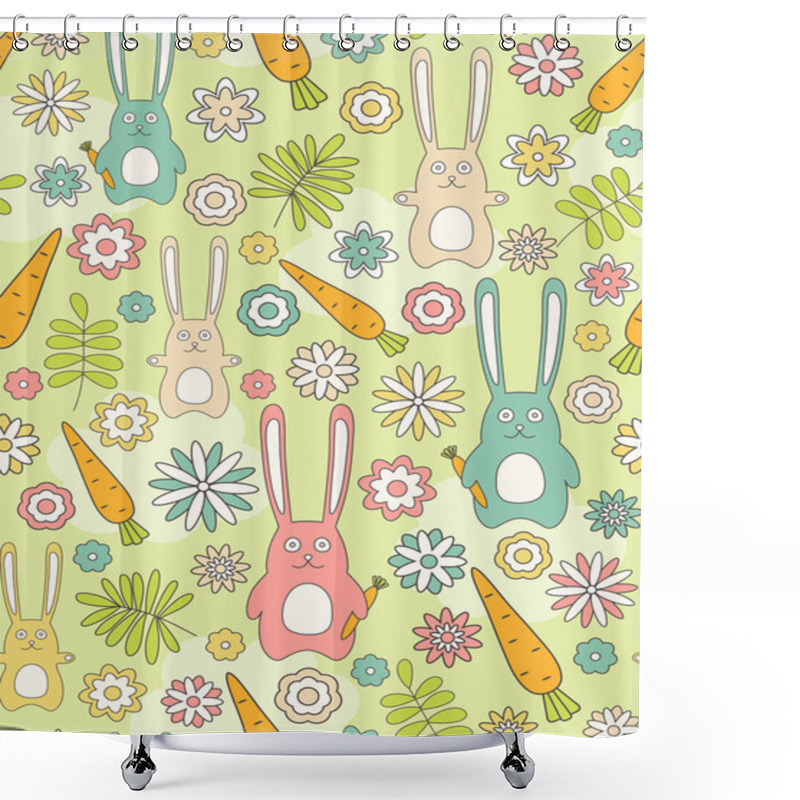 Personality  Seamless Background With Rabbits, Carrots, Flowers And Leaves. Vector Illustration. Shower Curtains