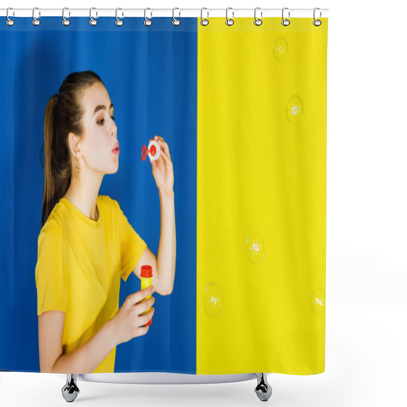 Personality  Happy Young Woman Blowing Bubbles On Blue And Yellow Background Shower Curtains