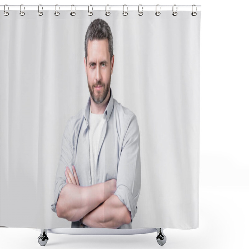 Personality  Charismatic Caucasian Man Wearing Casual Shirt. Caucasian Man In Casual Style Isolated On Grey Background. Caucasian Casual Man With Stubble In Studio. Photo Of Caucasian Man Wear Casual. Shower Curtains