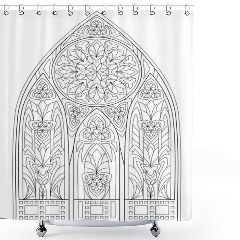 Personality  Page With Black And White Drawing Of Beautiful Medieval Gothic Window With Stained Glass And Rose  For Coloring. Worksheet For Children And Adults. Shower Curtains